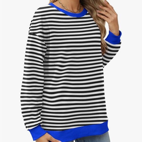 ⚫ New Black & White Striped Long Sleeve Top w/ Blue Trim – Size Large - Picture 3 of 5